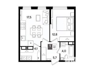 1-к квартира, вторичка, 44м2, 13/16 этаж