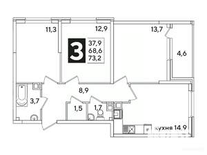 3-к квартира, вторичка, 73м2, 6/16 этаж