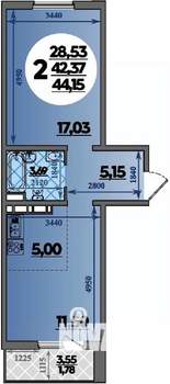 2-к квартира, строящийся дом, 44м2, 8/8 этаж