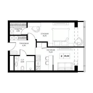 2-к квартира, строящийся дом, 46м2, 5/19 этаж