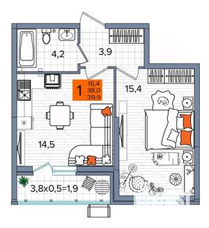 1-к квартира, сданный дом, 40м2, 2/16 этаж