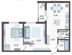 2-к квартира, вторичка, 62м2, 3/19 этаж