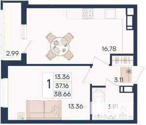 1-к квартира, вторичка, 39м2, 4/18 этаж