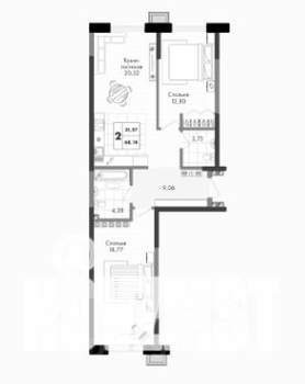 2-к квартира, вторичка, 68м2, 3/9 этаж