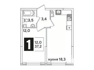 1-к квартира, вторичка, 37м2, 3/16 этаж