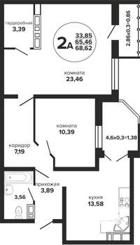 2-к квартира, вторичка, 69м2, 23/24 этаж
