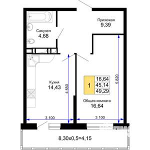 1-к квартира, вторичка, 49м2, 6/15 этаж