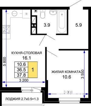 1-к квартира, строящийся дом, 38м2, 13/16 этаж