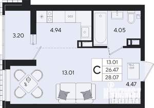 Студия квартира, строящийся дом, 28м2, 3/9 этаж