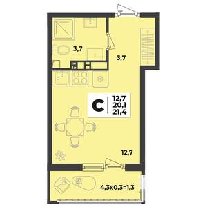 1-к квартира, строящийся дом, 43м2, 7/9 этаж