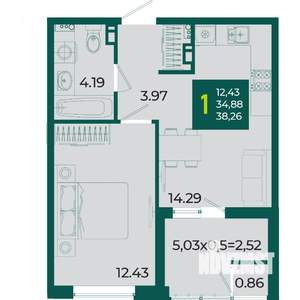 1-к квартира, вторичка, 38м2, 5/18 этаж