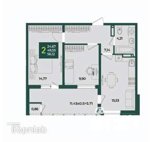 2-к квартира, вторичка, 56м2, 10/21 этаж