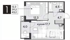 1-к квартира, строящийся дом, 43м2, 7/18 этаж