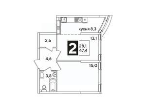 2-к квартира, вторичка, 47м2, 10/16 этаж