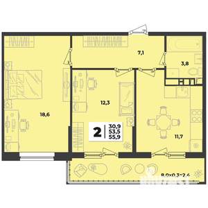 2-к квартира, вторичка, 56м2, 2/9 этаж