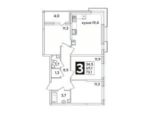 3-к квартира, вторичка, 73м2, 5/16 этаж