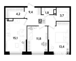 2-к квартира, строящийся дом, 59м2, 11/16 этаж