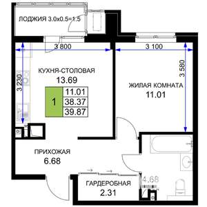 1-к квартира, строящийся дом, 40м2, 8/16 этаж