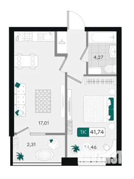 1-к квартира, вторичка, 42м2, 4/18 этаж