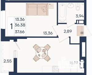 1-к квартира, вторичка, 38м2, 7/18 этаж