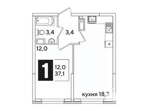 1-к квартира, вторичка, 37м2, 12/16 этаж