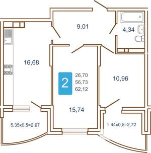 2-к квартира, вторичка, 67м2, 12/16 этаж