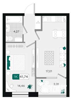 1-к квартира, вторичка, 42м2, 9/9 этаж
