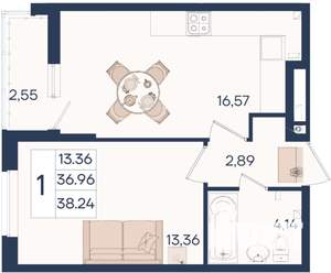 1-к квартира, вторичка, 38м2, 2/18 этаж