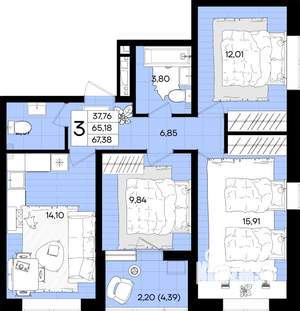 3-к квартира, вторичка, 67м2, 17/18 этаж