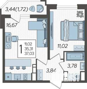1-к квартира, строящийся дом, 38м2, 13/23 этаж