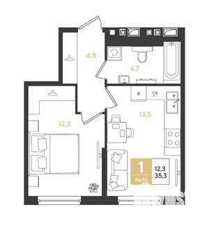 1-к квартира, строящийся дом, 35м2, 3/18 этаж