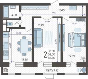 2-к квартира, строящийся дом, 68м2, 10/12 этаж