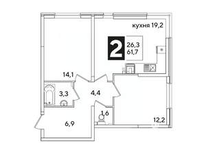 2-к квартира, вторичка, 62м2, 1/16 этаж