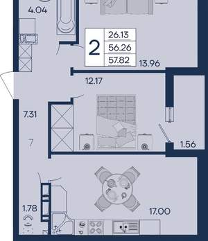 2-к квартира, вторичка, 58м2, 7/18 этаж
