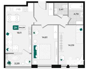 2-к квартира, вторичка, 64м2, 2/18 этаж