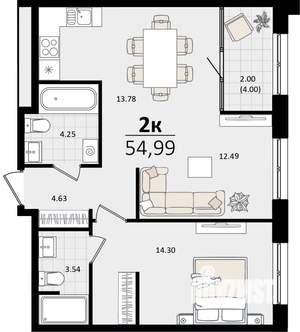 2-к квартира, строящийся дом, 53м2, 14/16 этаж