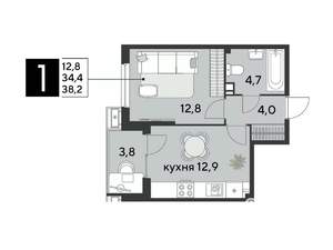 1-к квартира, строящийся дом, 38м2, 6/18 этаж