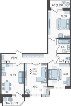 3-к квартира, строящийся дом, 79м2, 22/23 этаж