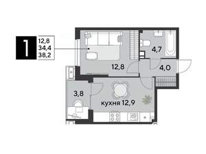 1-к квартира, строящийся дом, 38м2, 4/18 этаж