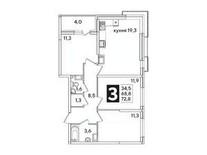 3-к квартира, вторичка, 73м2, 15/16 этаж