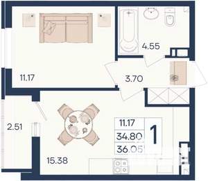 1-к квартира, вторичка, 36м2, 7/18 этаж