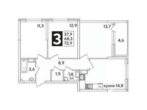 3-к квартира, вторичка, 73м2, 12/16 этаж