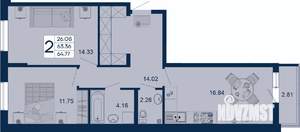 2-к квартира, вторичка, 65м2, 2/18 этаж