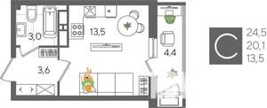 Студия квартира, строящийся дом, 25м2, 19/24 этаж