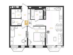 2-к квартира, строящийся дом, 59м2, 7/9 этаж