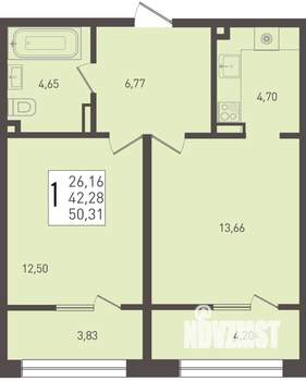 1-к квартира, вторичка, 50м2, 3/9 этаж