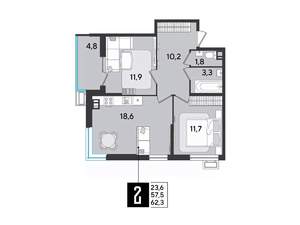 2-к квартира, строящийся дом, 62м2, 7/9 этаж