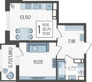 1-к квартира, строящийся дом, 39м2, 16/23 этаж