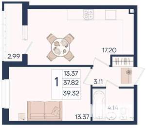 1-к квартира, вторичка, 39м2, 2/18 этаж