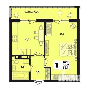 1-к квартира, строящийся дом, 39м2, 9/9 этаж